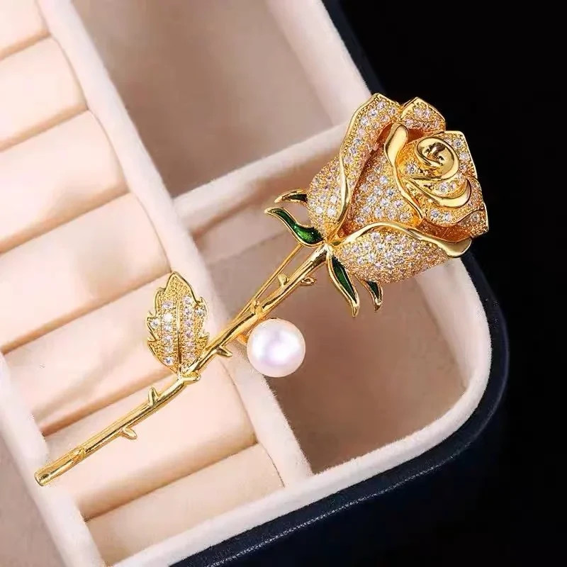 Elegant Gold Tone Rose Flower Brooch Pin Rhinestone CZ Floral Lapel Pin Women