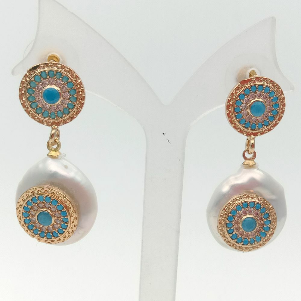 Cultured White Coin Pearl Blue Cz pave Stud Earrings