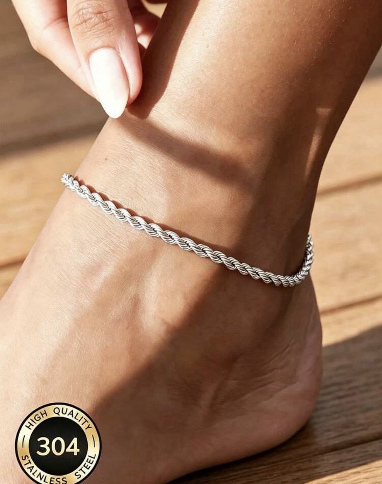 1pc Silver Twister Rope 304 Stainless Steel Anklet Non- Fading Adjustable