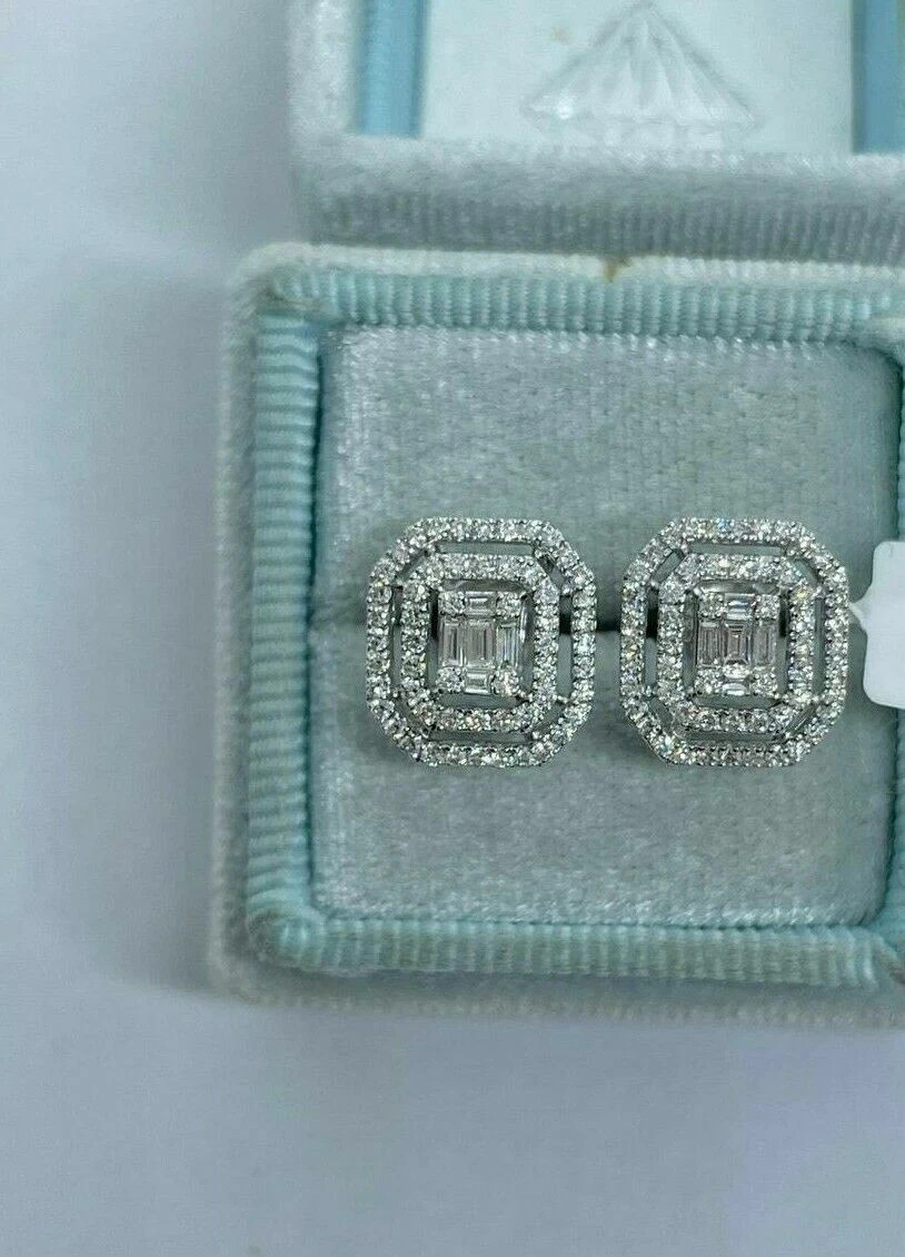 14K White Gold Plated 1.50Ct Round Simulated Diamond Double Halo Stud Earrings