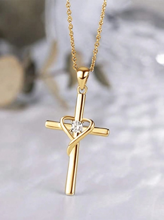 Gold Faith Cross Heart Necklace Crystal Pendant Inspirational Christian Jewelry