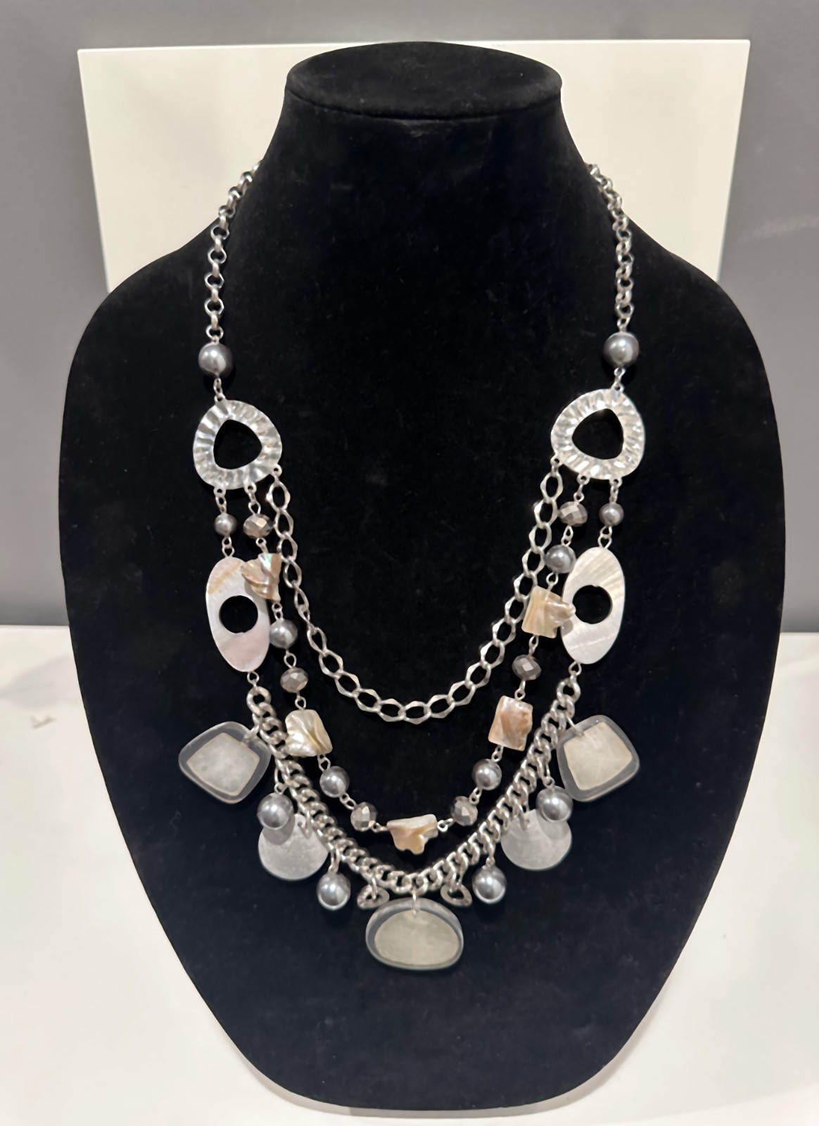 Long Statement Necklace – Metal-Beads-Acrylic-Shell – Oceanic – Nature-inspired