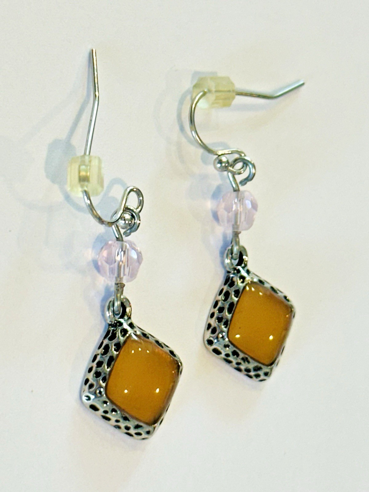 Lia Sophia Silver Tone Dangle Earrings Amber Pink Bead Accent Fish Hook Boho