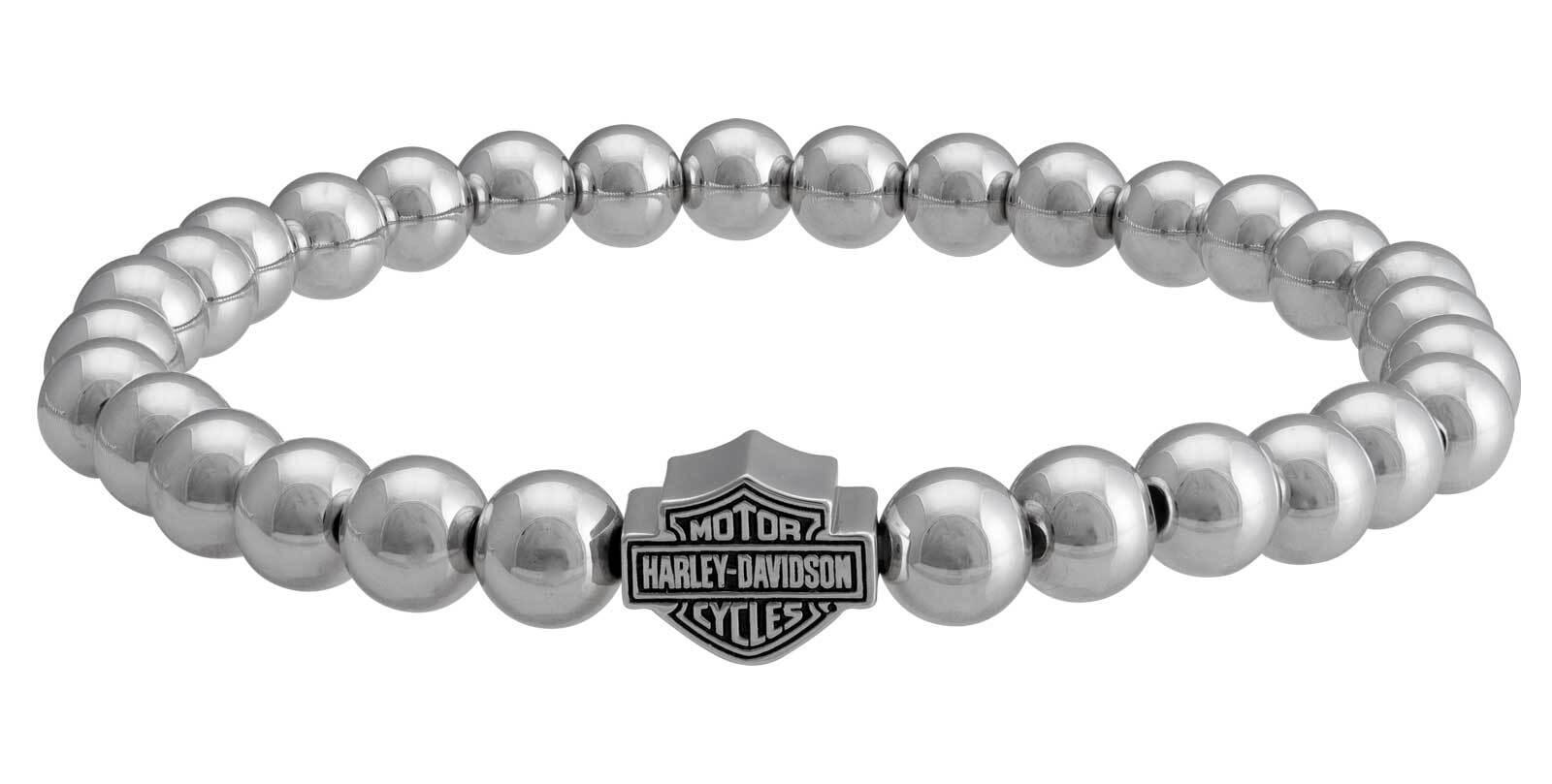 Harley-Davidson Women’s Large Beaded Bar & Shield Stretch Bracelet – Silver