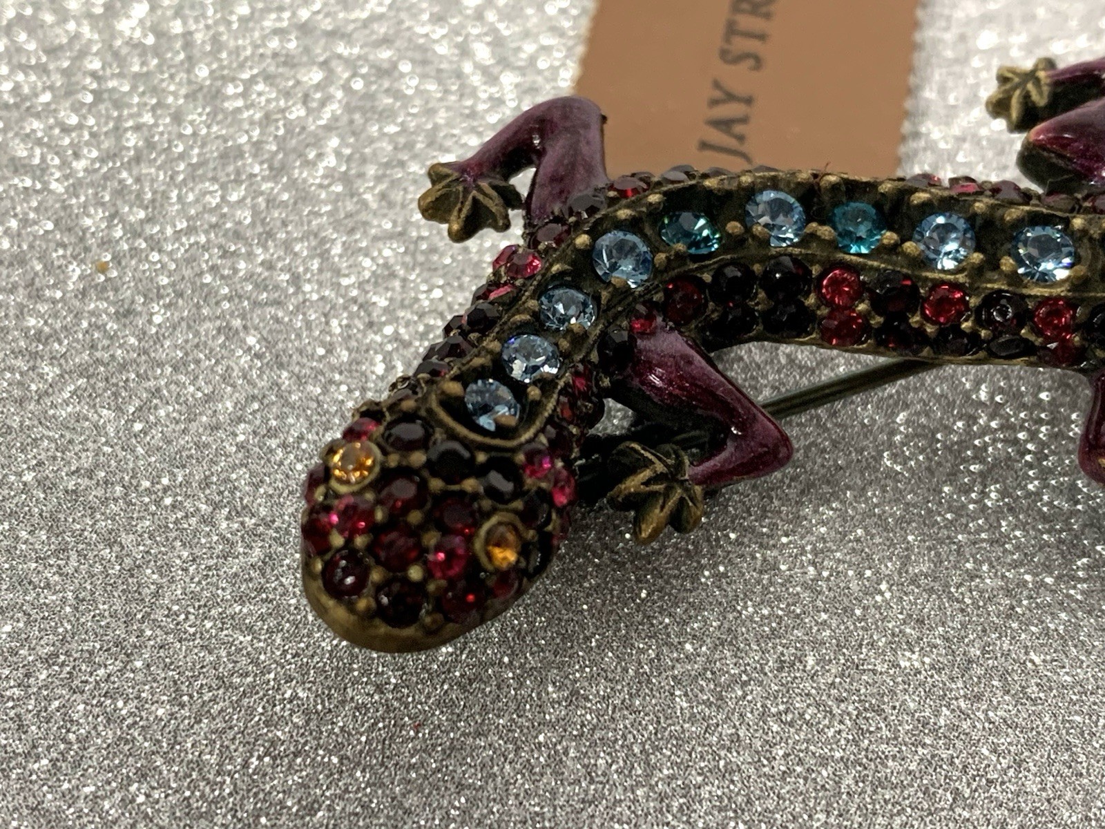 Jay Strongwater Lizard Salamander Blue & Red Crystal Stone Brooch Pin Box & Tag
