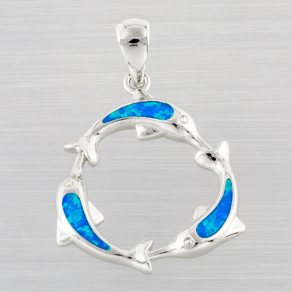 Circle of Luck Dolphin Ocean Blue Fire Opal Silver Jewelry Necklace Pendant