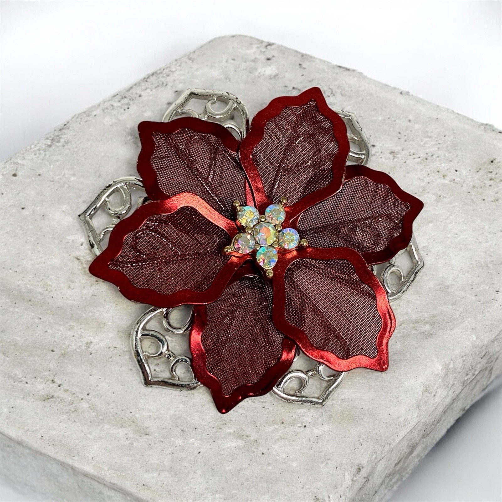 Poinsettia Mesh Metal Brooch Pin, Enamel Red Silver Christmas Flower, 2-1/8 in