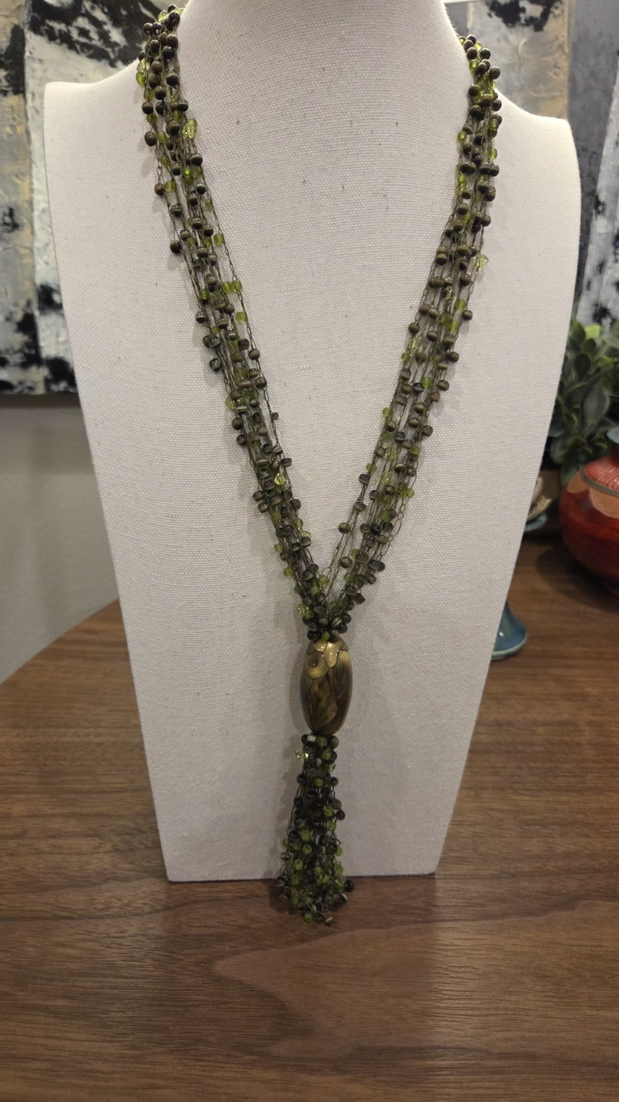 Green Resin Beaded Necklace Teardrop Chip Bead Tassel Pendant Statement