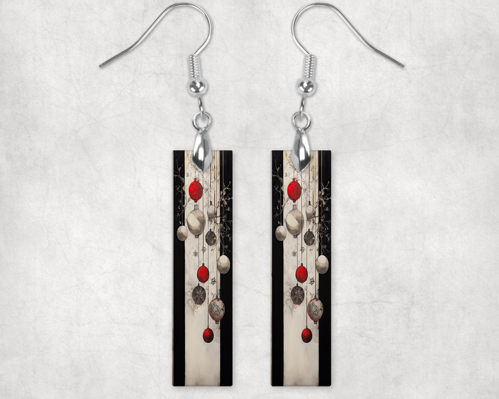Red White and Black Ornaments Christmas Dangle Wood Bar Printed Earrings Jewelry