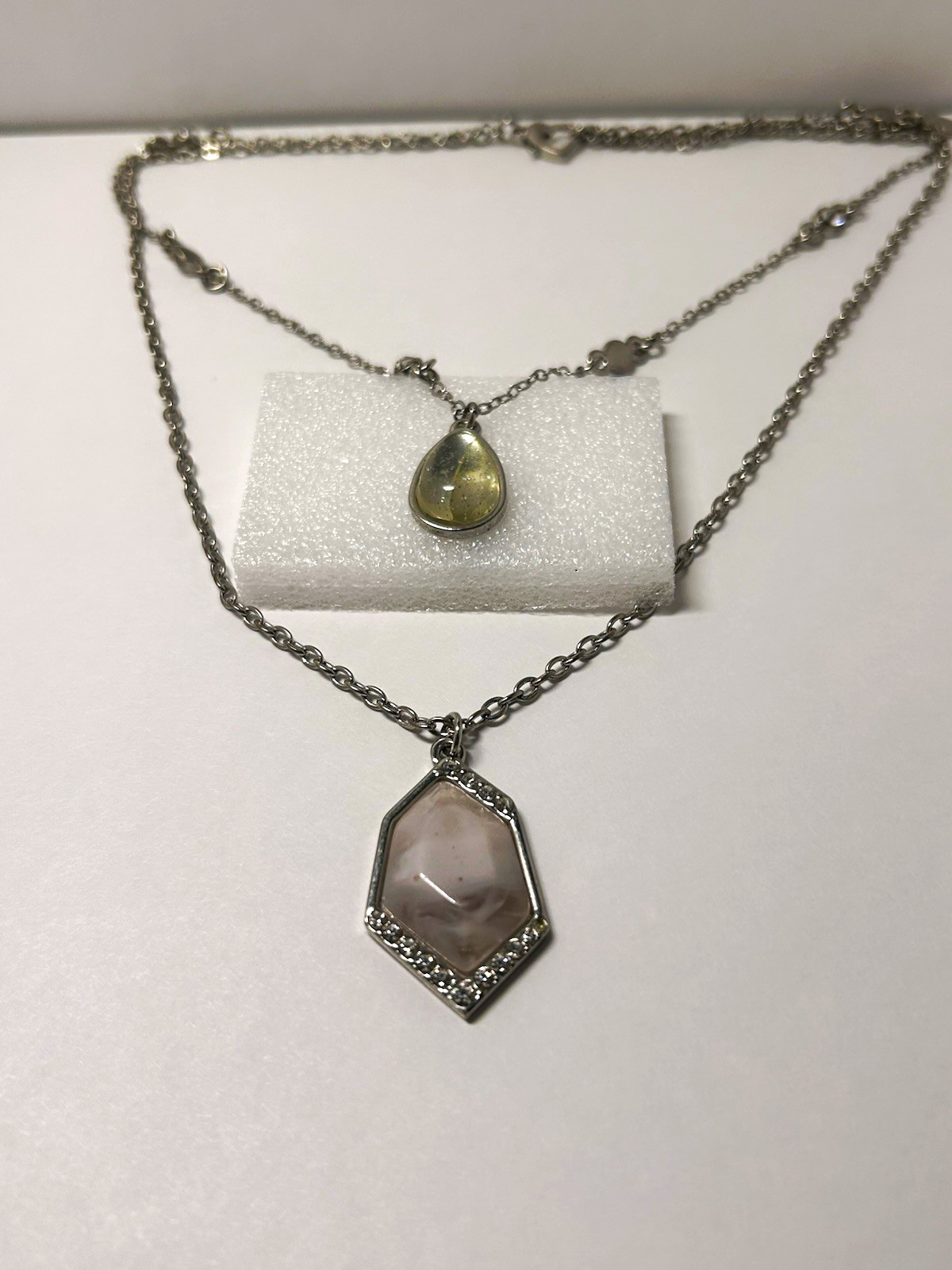 Silver Tone Layered Chain Necklace Teardrop Charm Pendant Hexagon