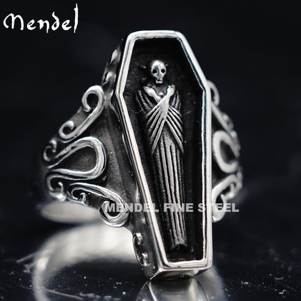 MENDEL Gothic Mens Stainless Steel Coffin Shaped Punk Biker Skull Ring Size 7-15