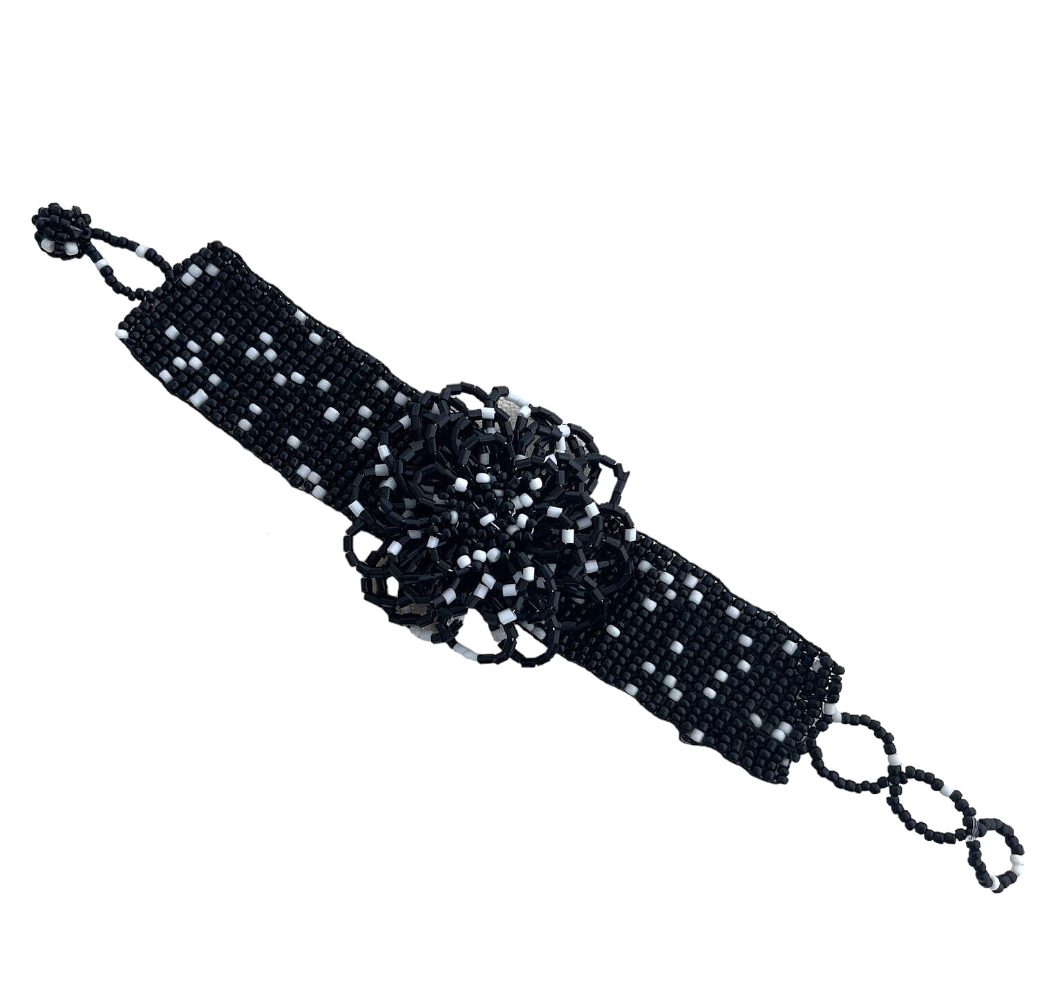 Hand Stitched Bracelet Black White Beaded Czech Glass Seed Bead Rosette Flower