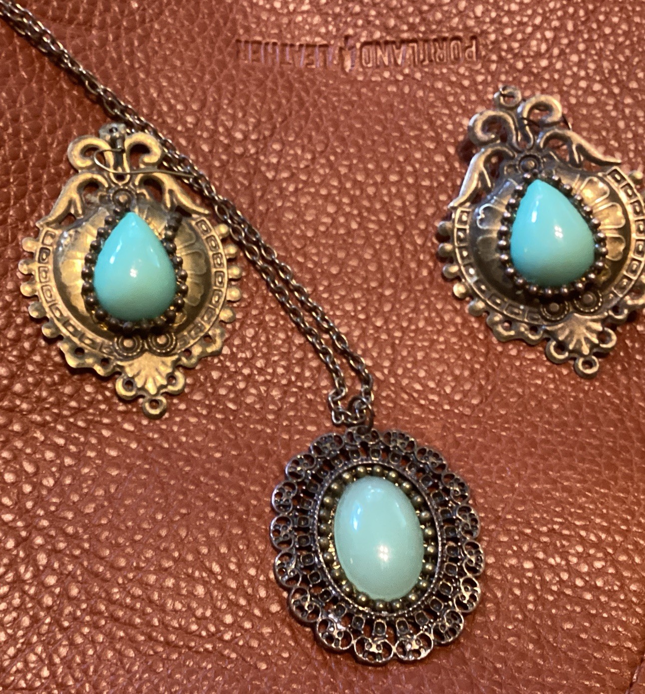 Faux Jadeite Earrings & Necklace Boho Flapper Victorian Style