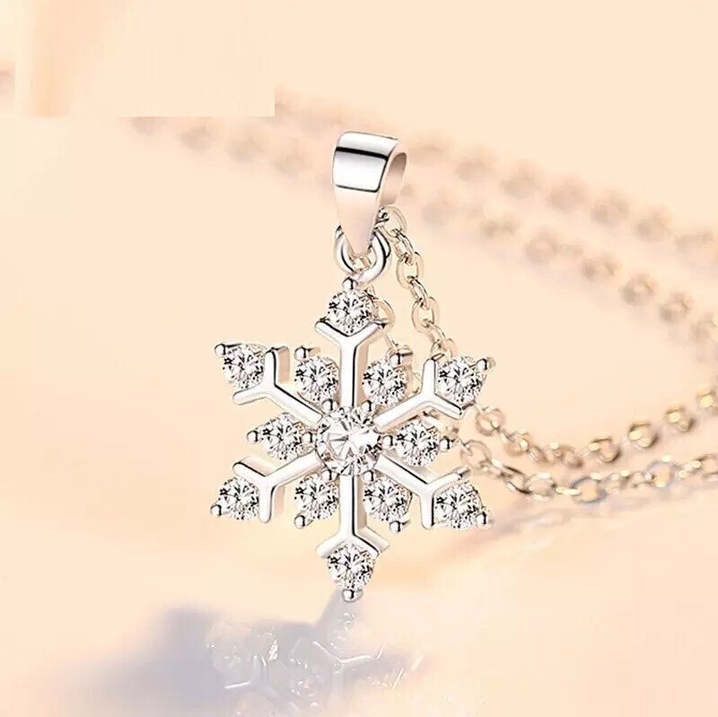 .925 Silver Delicate Small Snowflake Pendant Necklace w/ Crytsal Highlights