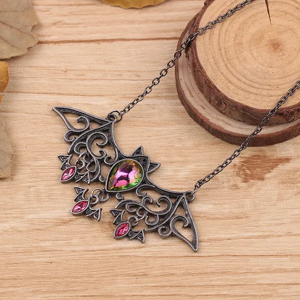 Gothic Bat Pendant Necklace, Mother with Baby Bats, Halloween Vampire, Crystals