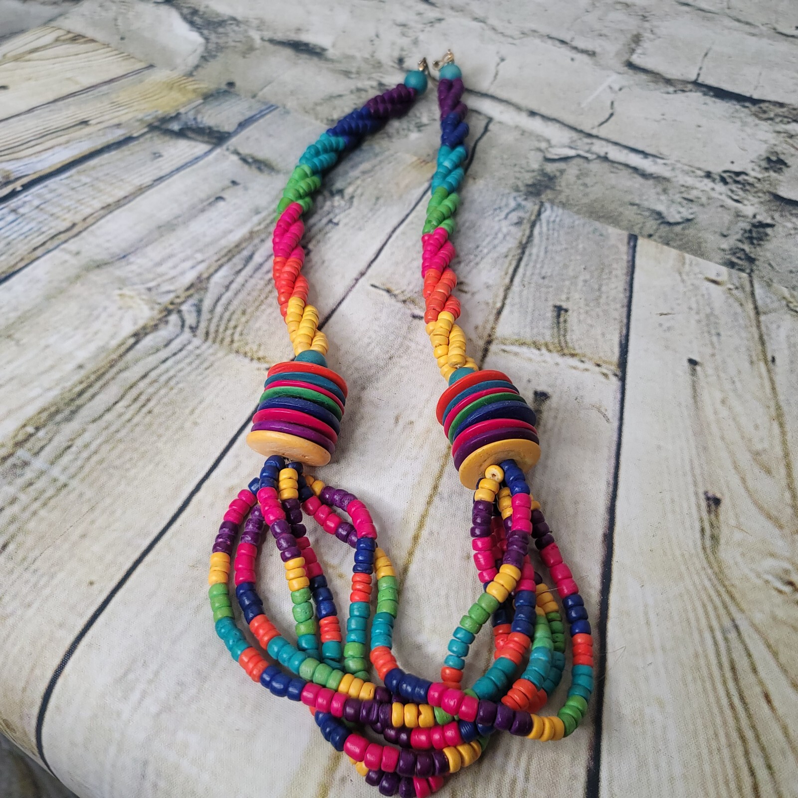 Fashion Jewelry Multi Strand Wooden Beaded Necklace Neon Colors Appx 11.5 in