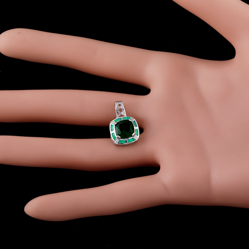 8×8 Simulated Emerald Green Fire Opal Silver Filled Jewelry Necklace Pendant
