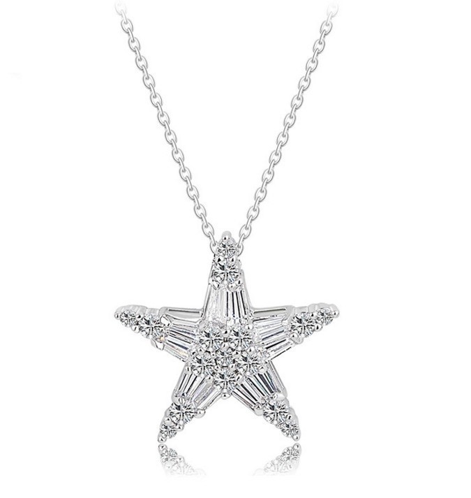 Rhodium Silver Cubic Zirconia CZ Star Pendant Necklace 16+2″ Chain Gift Box PE