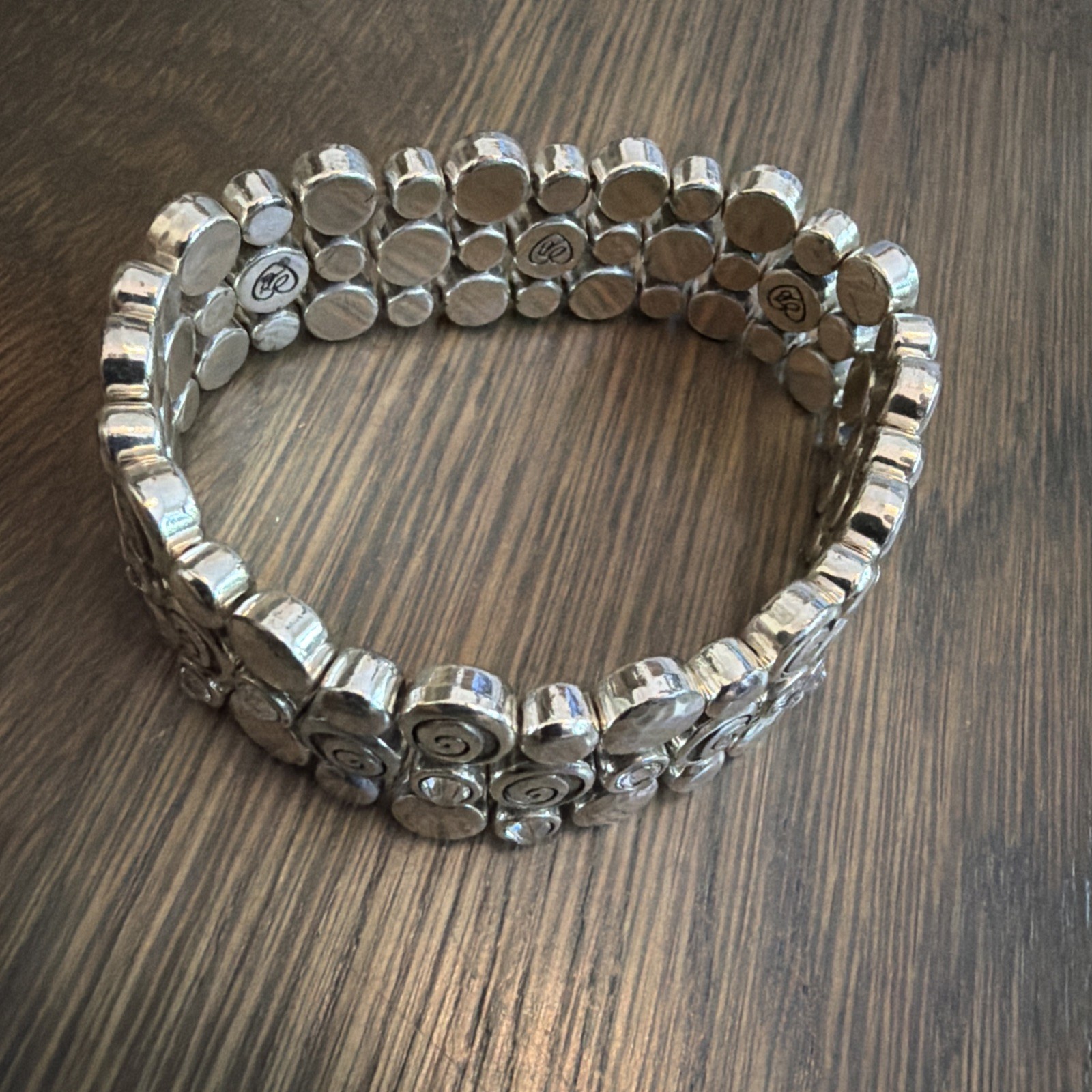 Brighton Joliet Stretch Silver Plate Bracelet 3 Rows Round Beads White Crystals