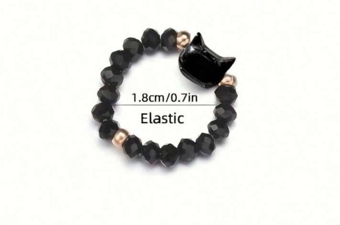 2 Beaded Cat Shape Elastic Black White Charm Ring Fashion Jewelry Sizable