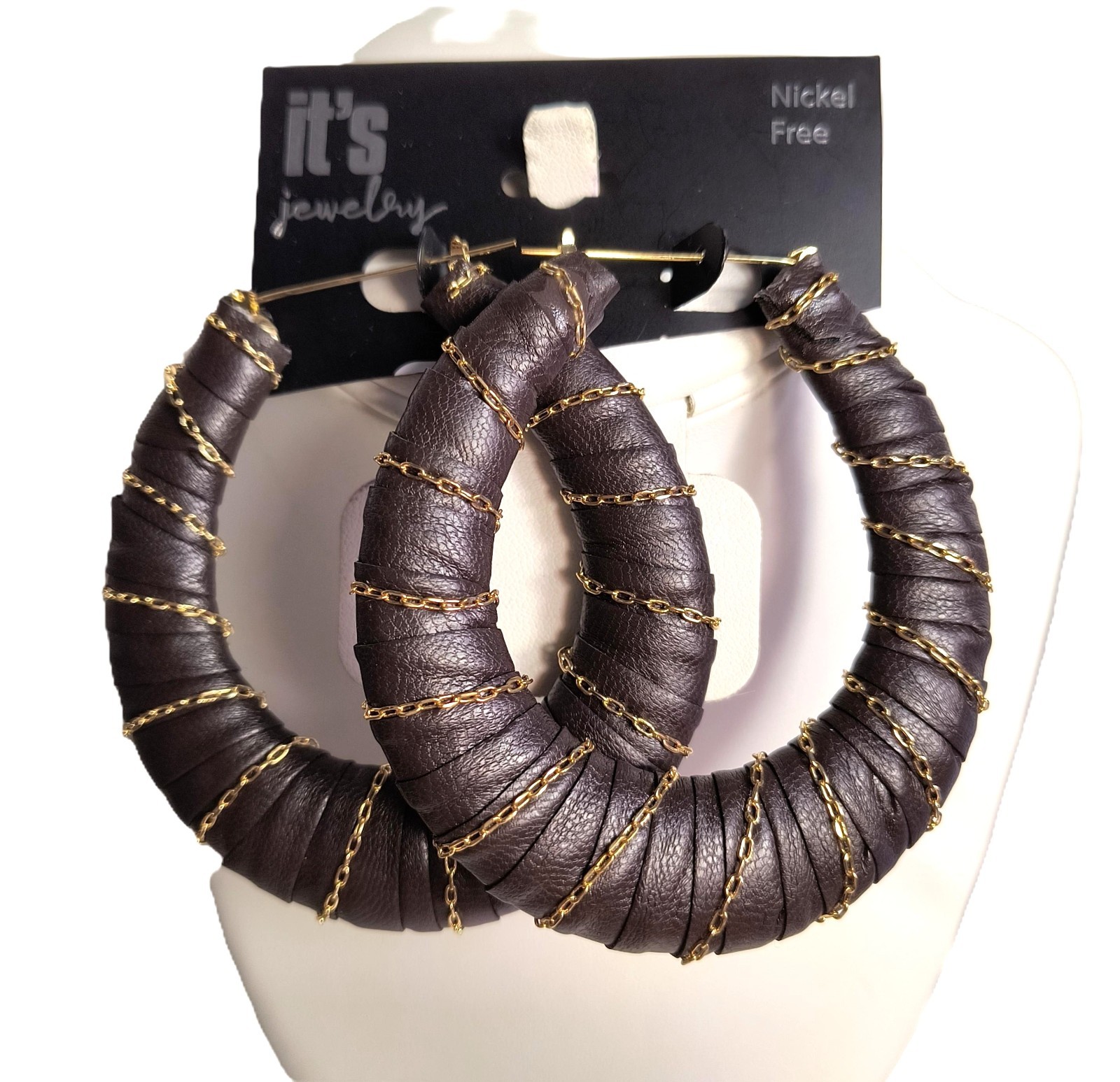 Black Vinyl Goldtone Chain Accents Dangle/Drop Hoop Earrings NWT By It’s Jewelry