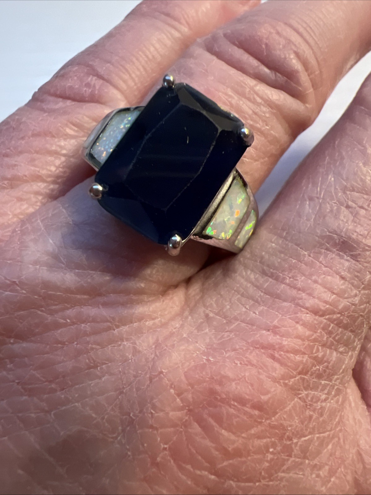 925 Sterling Silver 7 Grams Faux Sapphire & Opal Large Statement Ring Size 7