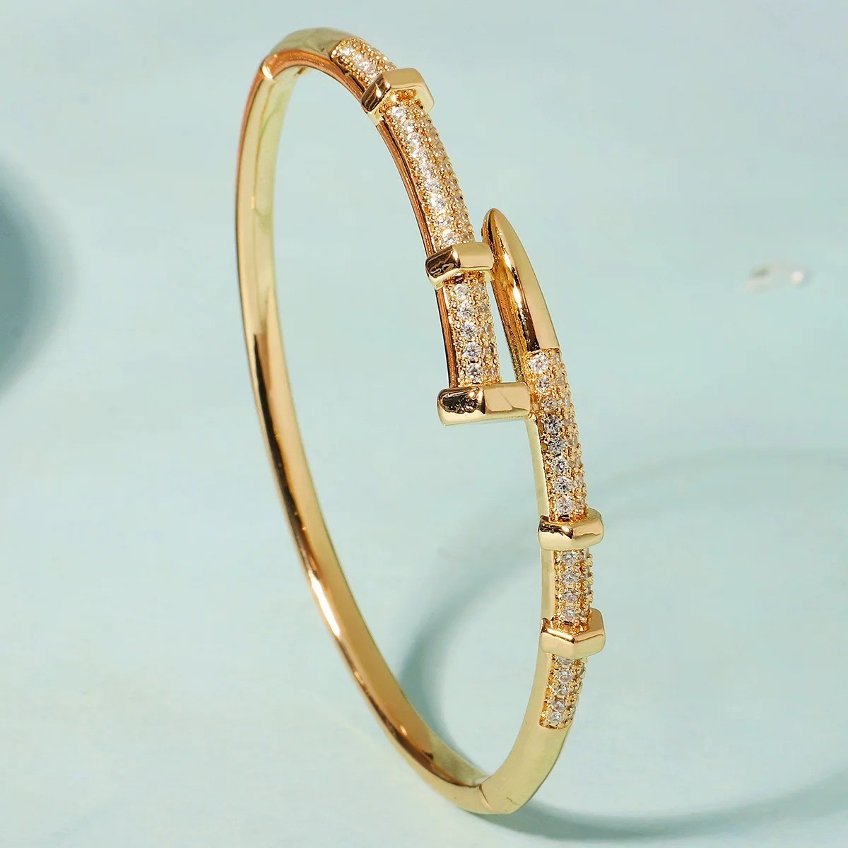 14k Yellow Gold plated Open Nail Bolt Trendy Bracelet AAA quality cubic zirconia