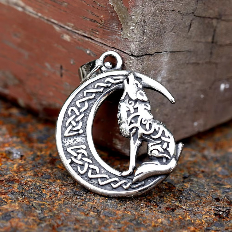 CELTIC KNOT CRESCENT MOON WOLF Pendant 925 Plated Sterling Silver 24″ Necklace