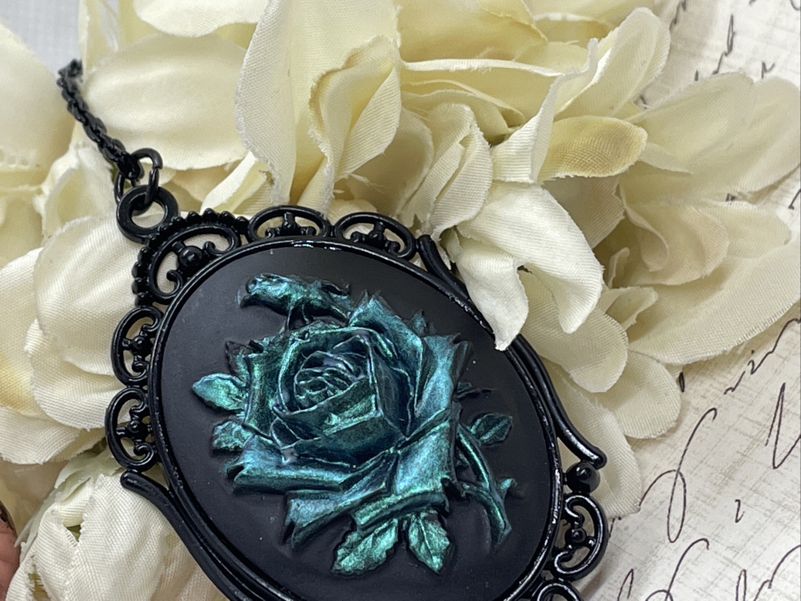 Teal Iridescent Rose Gothic CHRISTMAS Cameo Green Necklace Pendant Victorian