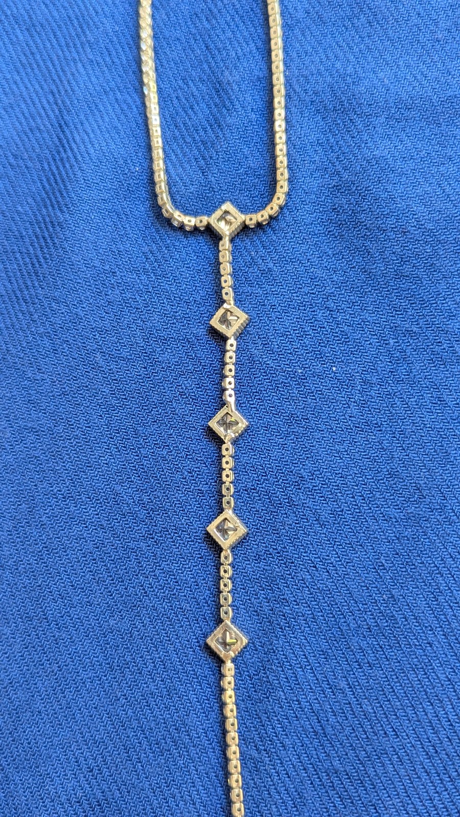Silver Tone Lariat Y Chain Necklace Clear Crystal Box Chain Adjustable 13″ + 5″