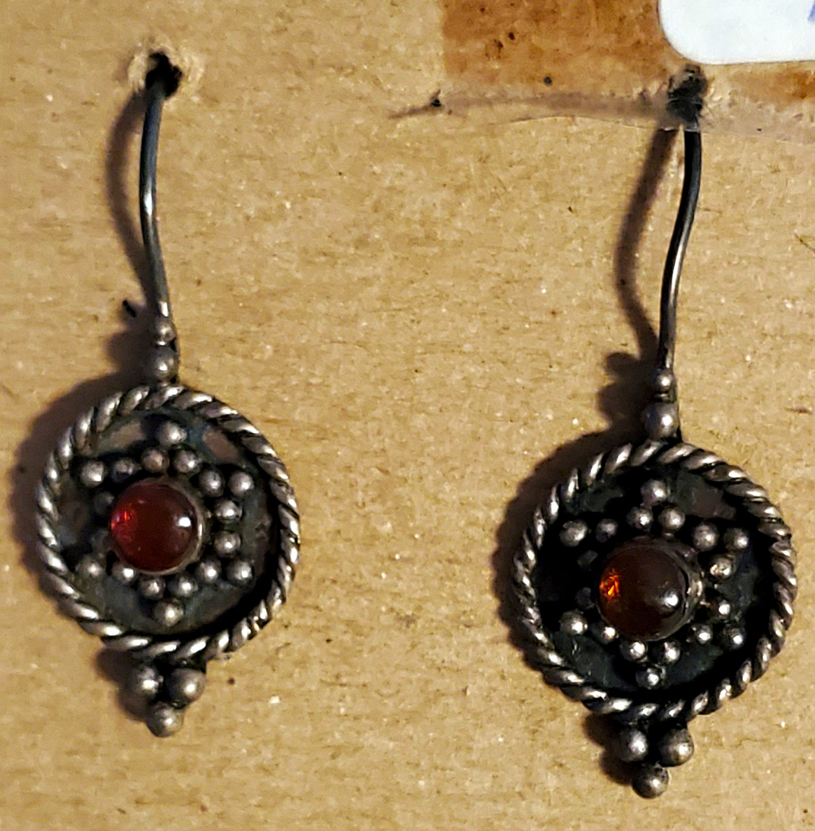 Sterling Silver Red Round Stone Bezel Dangle/Drop Hook Earrings