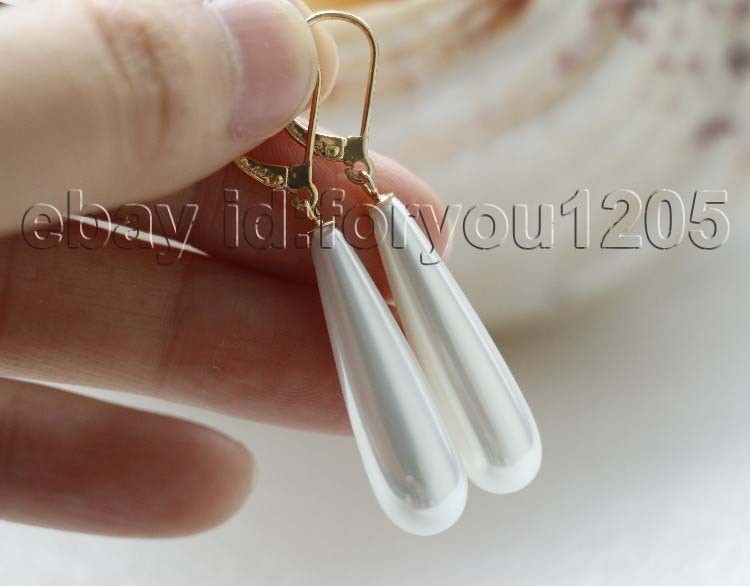 Natural 8.5x30mm White Drip Shell Pearl Earrings Dangle 14k #f3369!