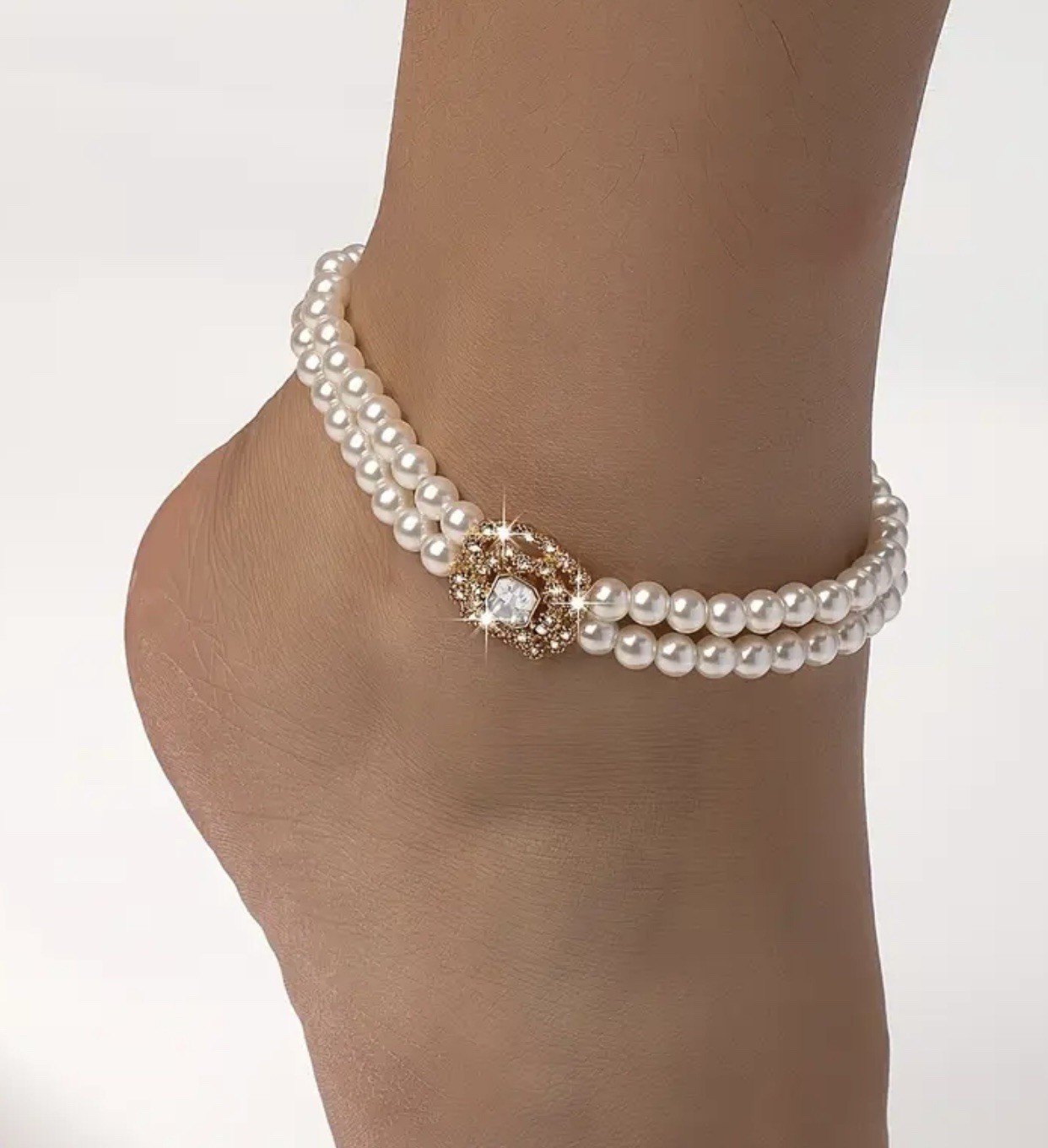 Stylish Double-Row Pearl Square Anklet # 0016 Velvet Box Included.