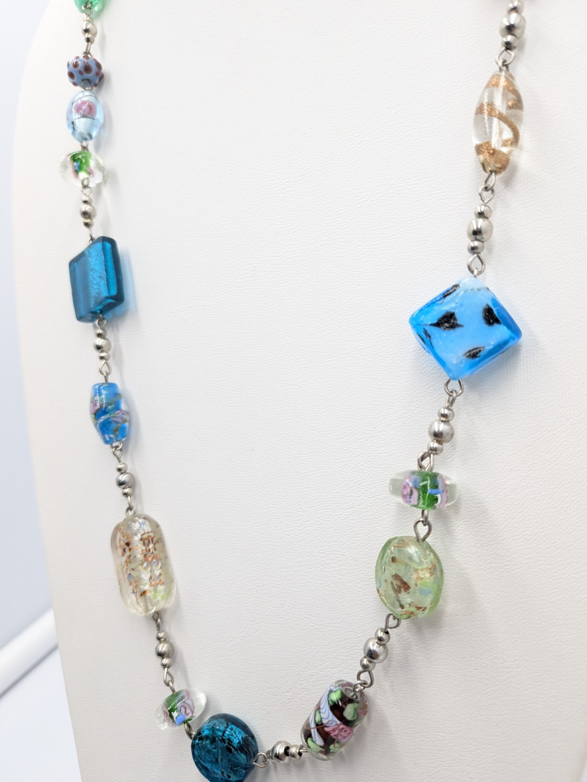 Premier Designs Necklace 35 in Colorful Art Glass Silver Tone Long Bead Strand