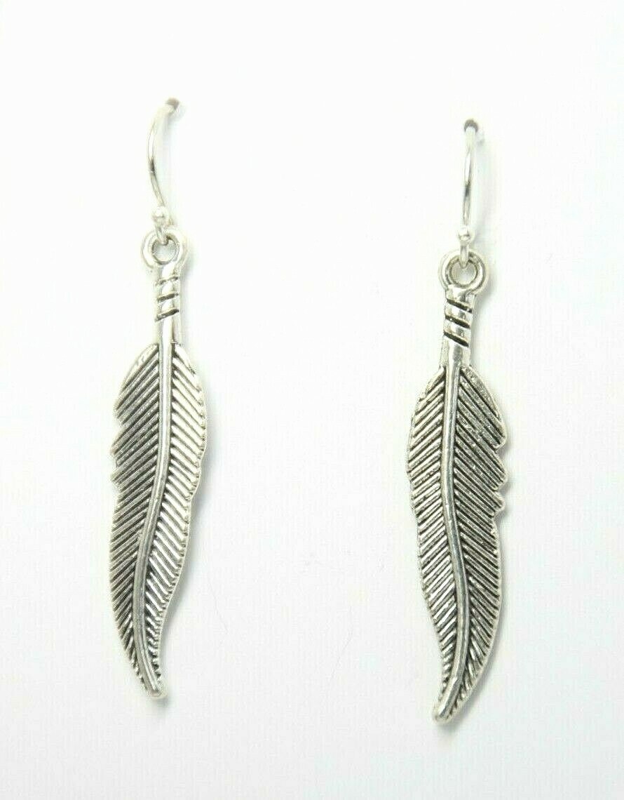 Feather Charm Earrings 925 sterling silver hooks pewter charms 1 3/4″ Southwest