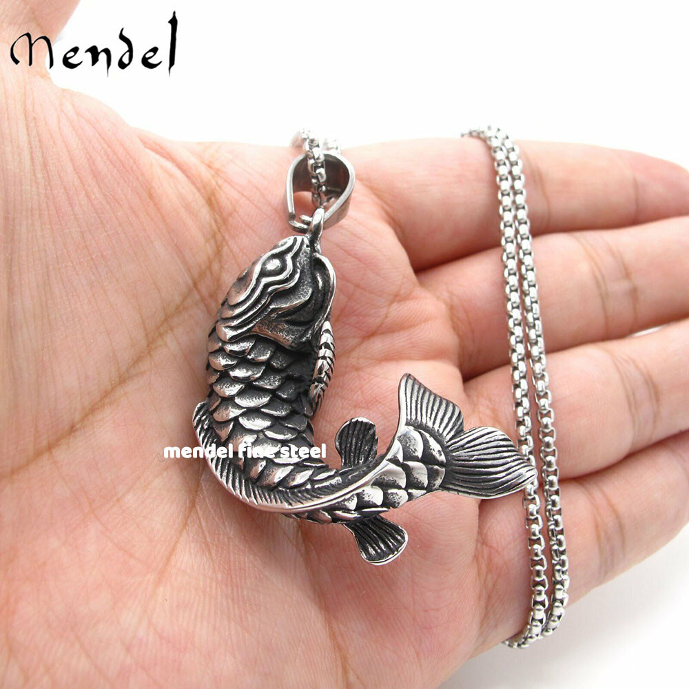 MENDEL Stainless Steel 3D Mens Articulated Fish Fishing Hook Pendant Necklace