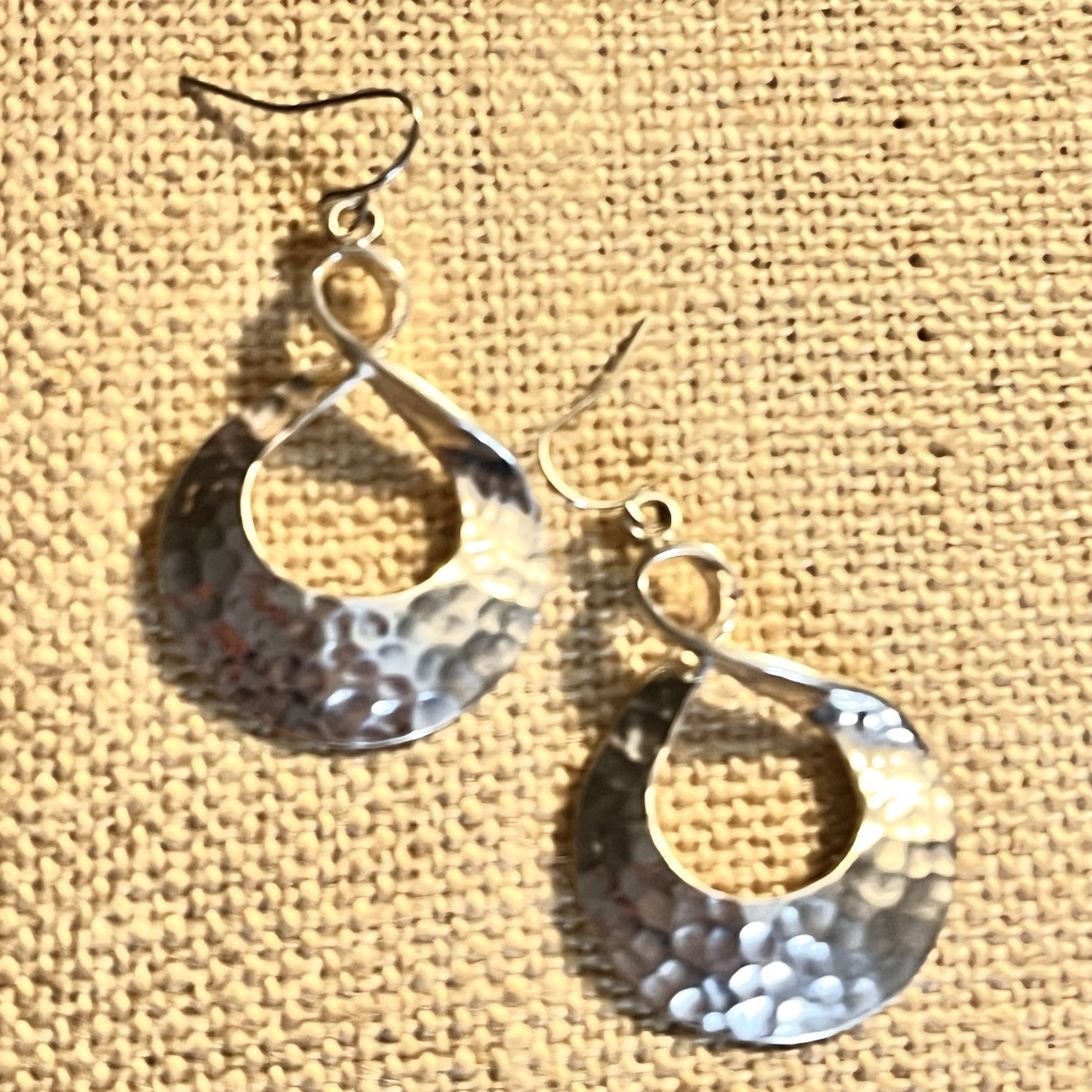 Hammered Silverplate Pierced Earrings 1 3/4 Inches Long Twisted Oval Dangles