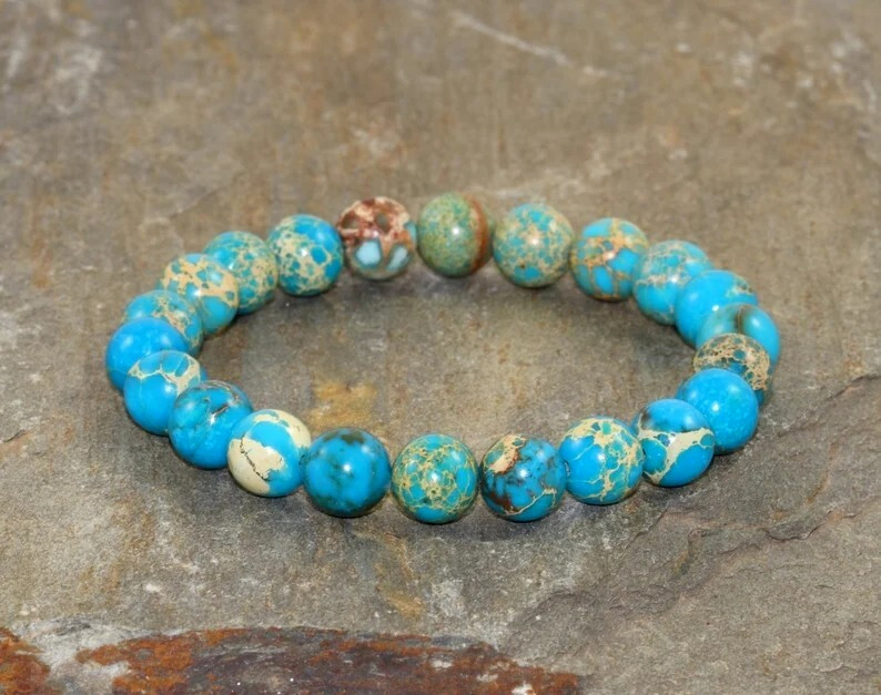 Natural Blue Sea Sediment Jasper 8MM Beads Healing Man Woman Stretch Bracelet