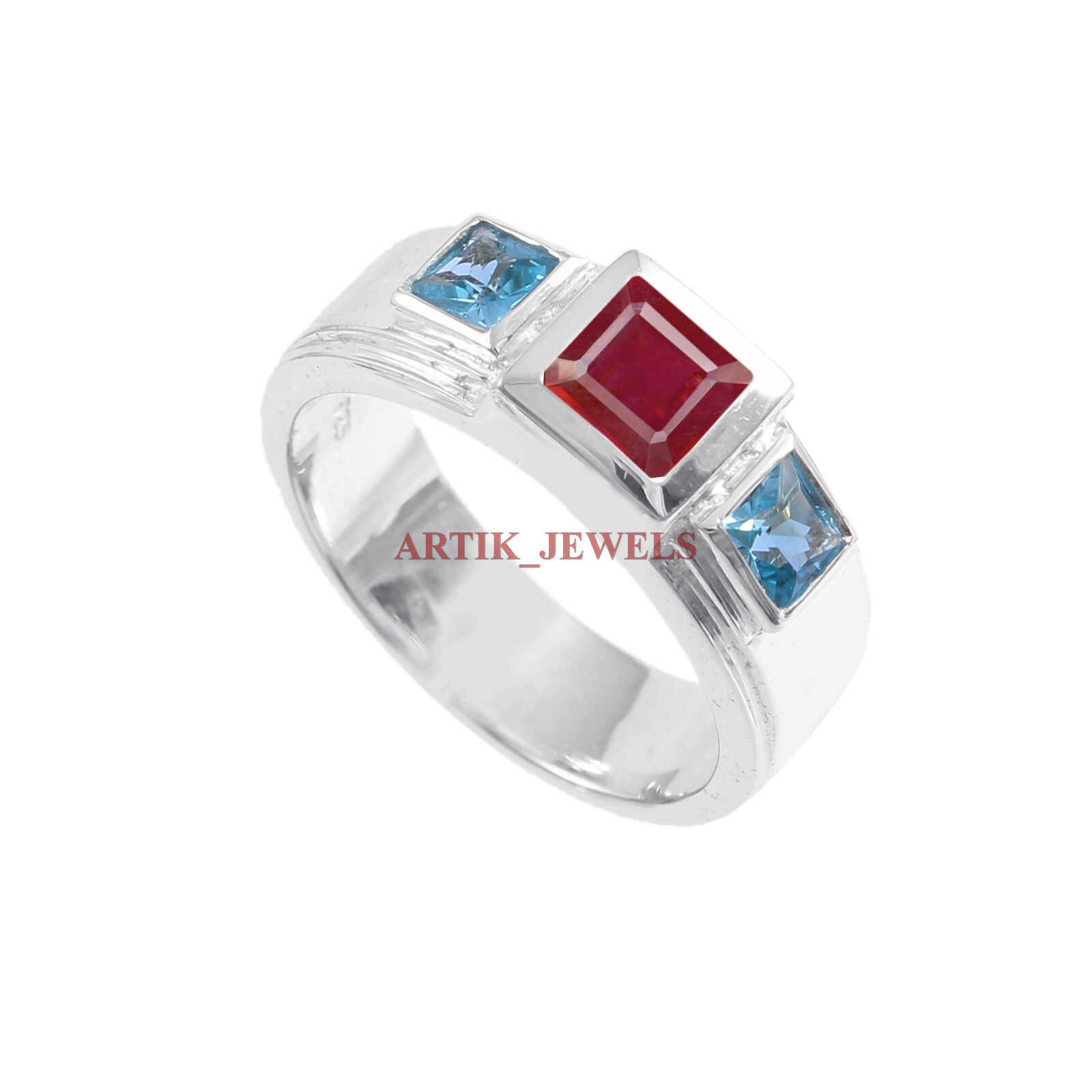 Heated Ruby & Blue Topaz Gemstone with 925 Sterling Silver Ring for Men’s #5730