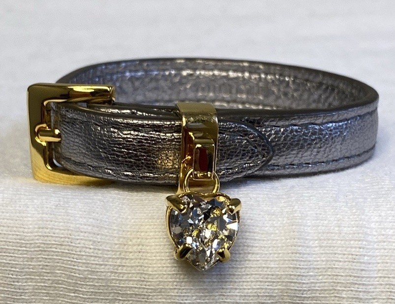 Miu Miu Silver Metallic Leather Bracelet with Goldtone Metal & Rhinestone (7.5″)