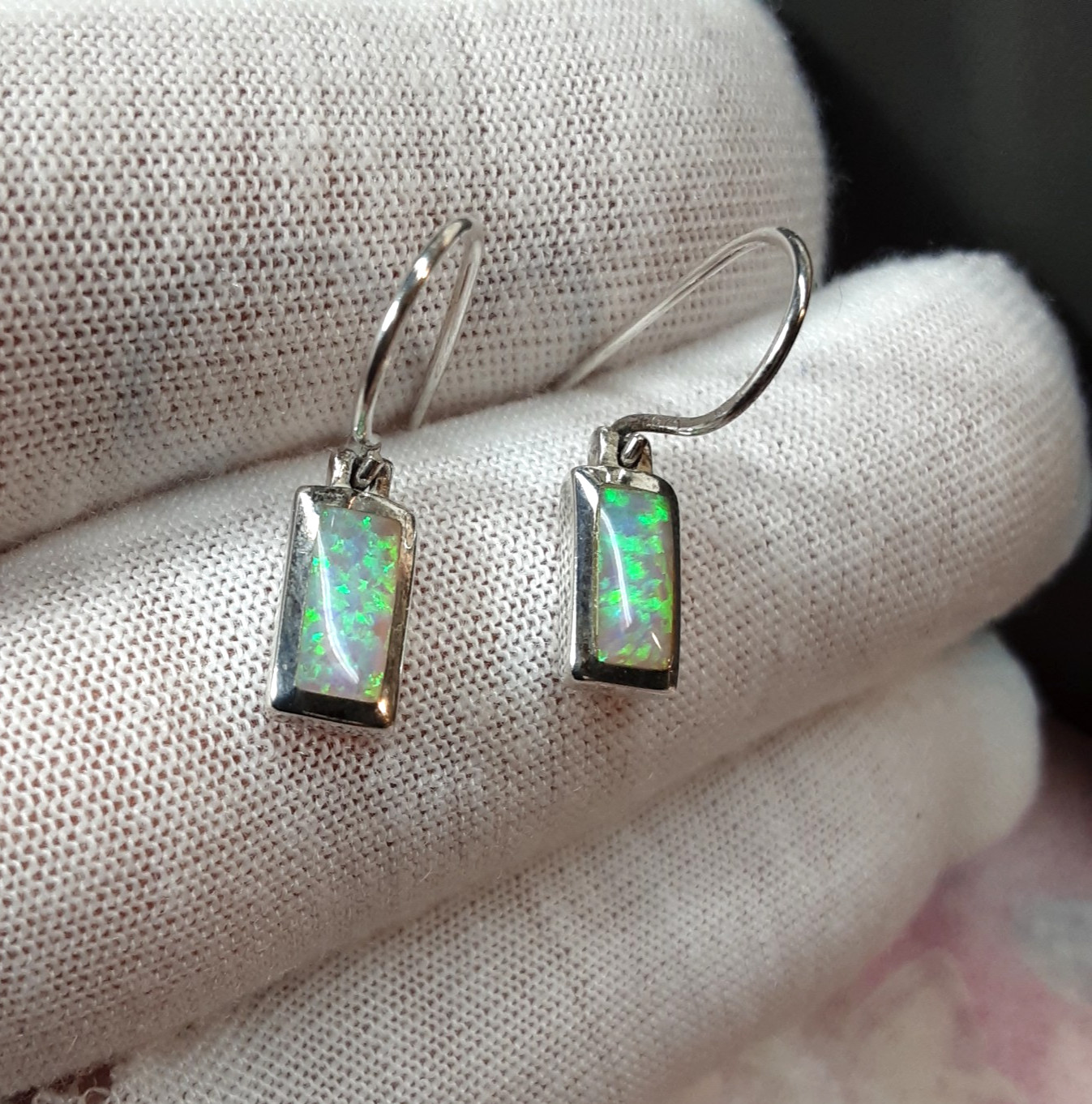 Blue FIRE OPAL Rectangular Dangle Earrings 925 STERLING SILVER with Wire Hooks