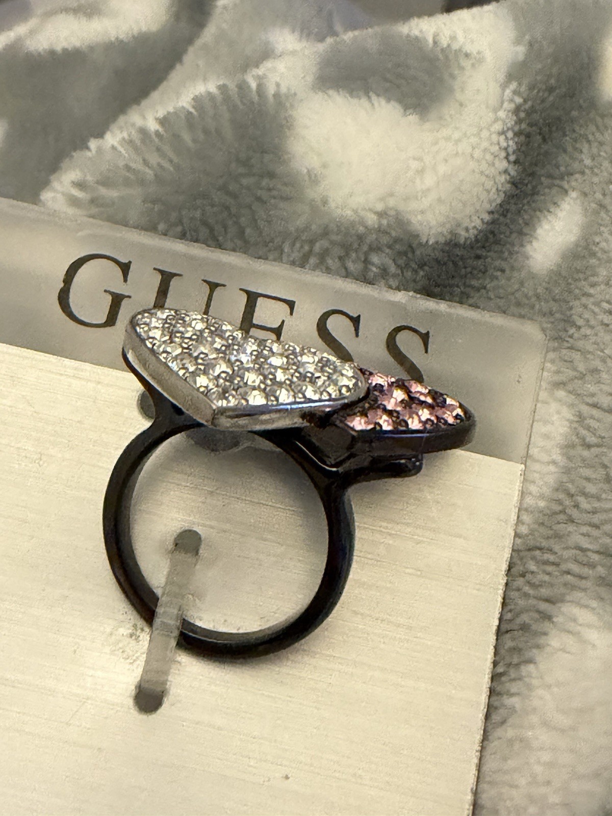 Guess Two Hearts Crystal Ring Silver Black Pink Signed New Size 7