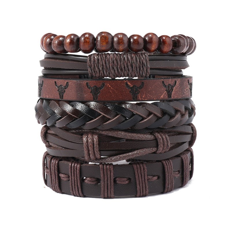 Set of 6 woven leather bracelets, unisex, adjustable, in black and brown.