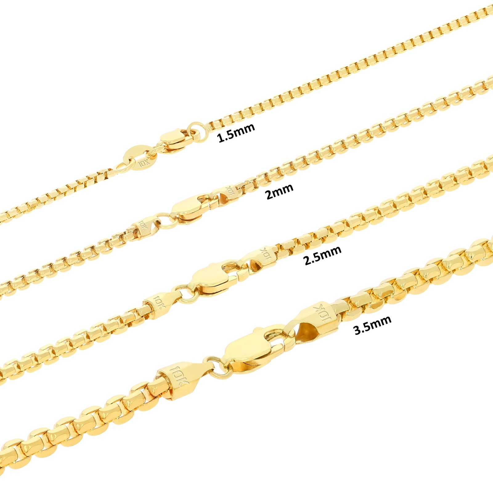 10K Yellow Gold 1.5mm-3.5mm Venetian Round Box Chain Necklace Men Women 16″- 30″