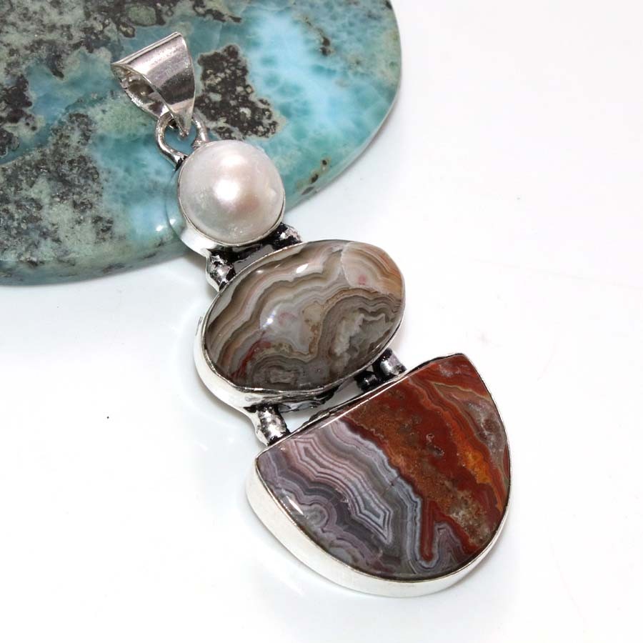 925 Silver Plated Long Lake Superior Agate Pearl Pendant 2.2″ Fashion Sale GW