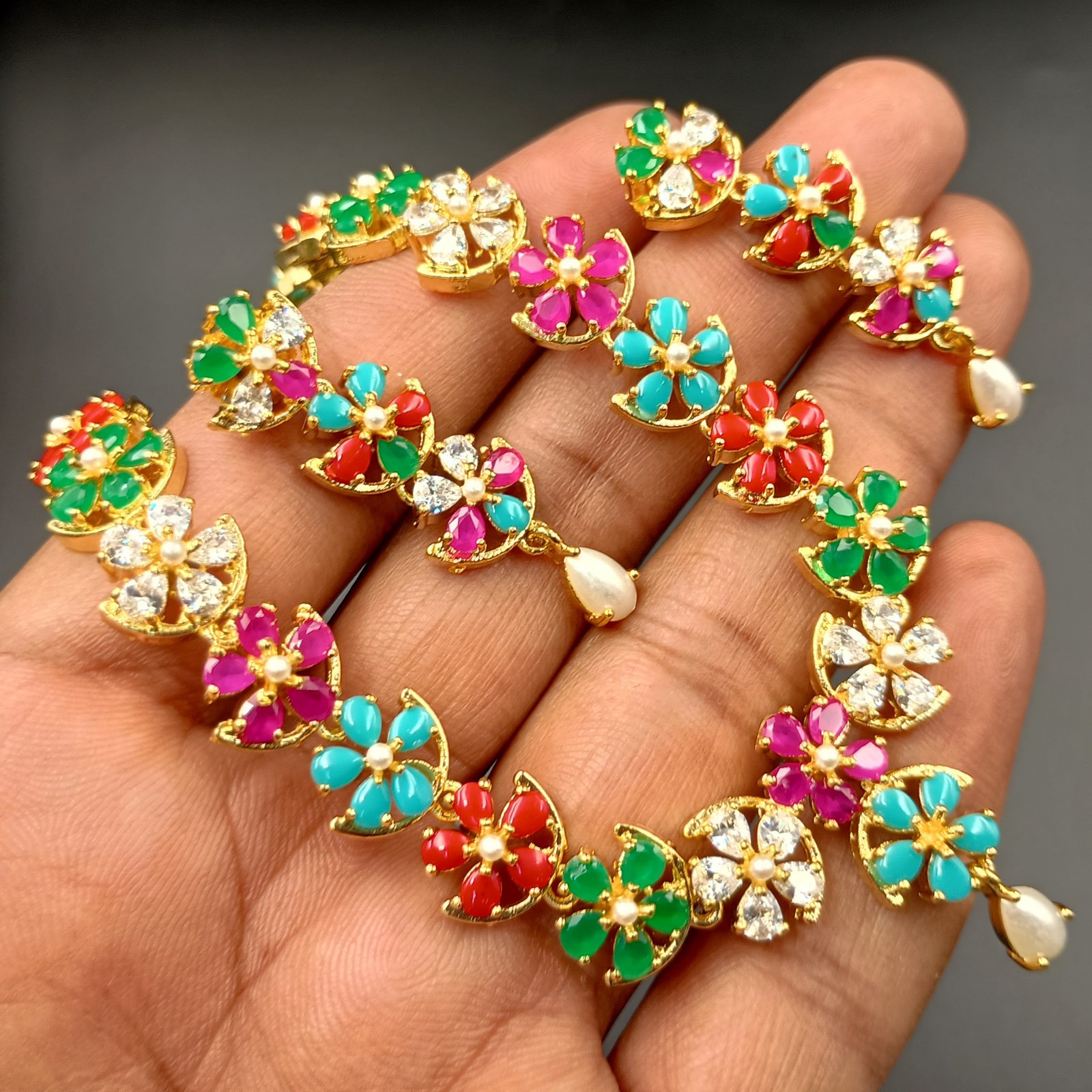 Royal Navratan Stone Necklace Set 22k Gold Plated Indian Bridal Jewelry Gift Her