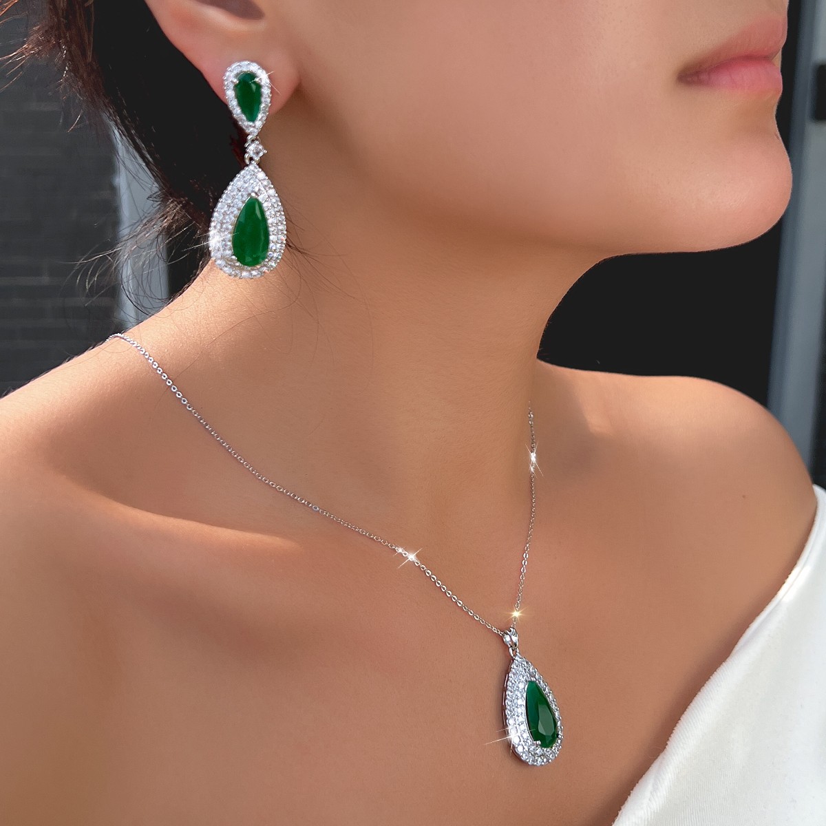 Silver Plated Long Teardrop Drop Earrings Necklace Women Zircon Jewelry Set Gift