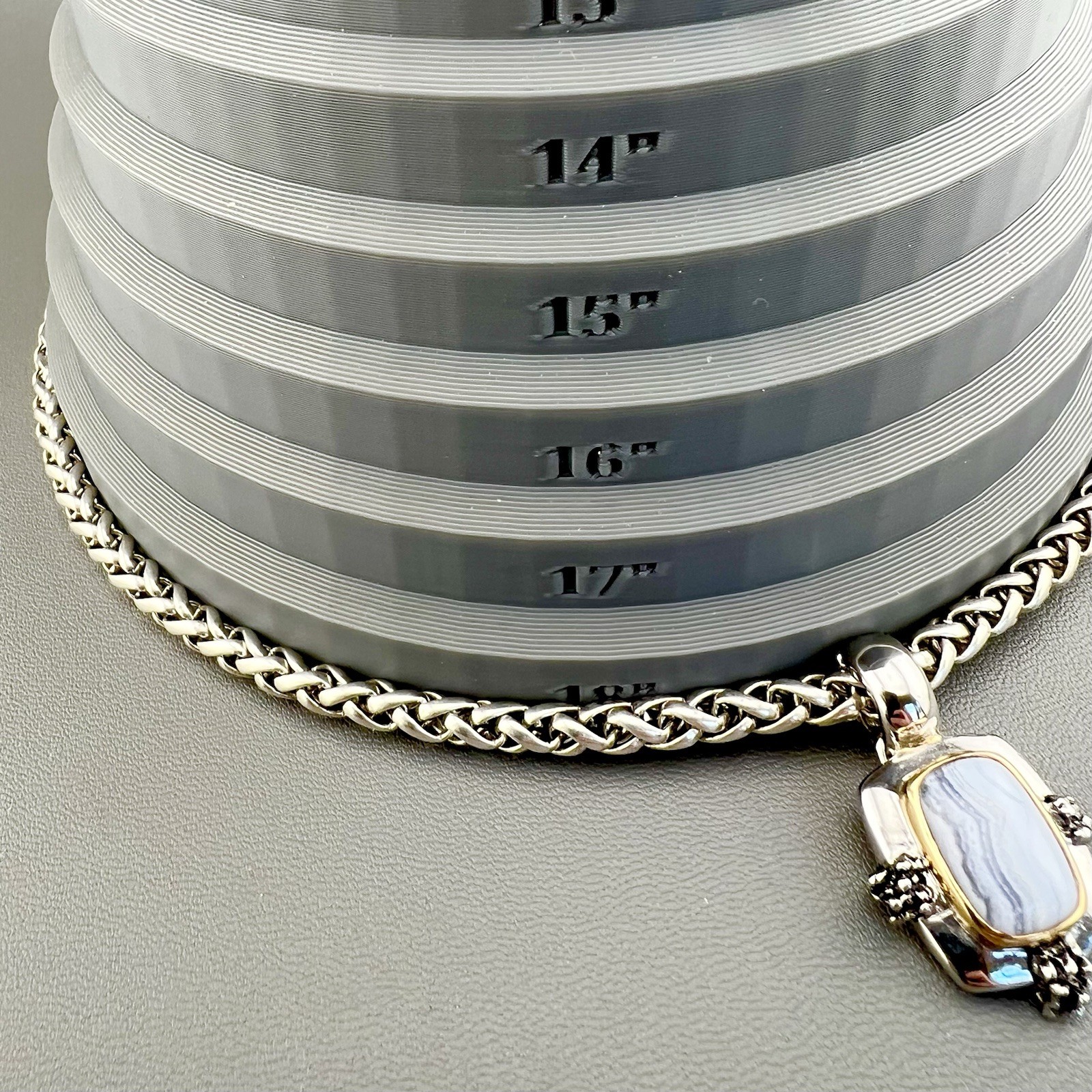 Blue Lace Agate Necklace Wheat Chain Silver Tone 18”