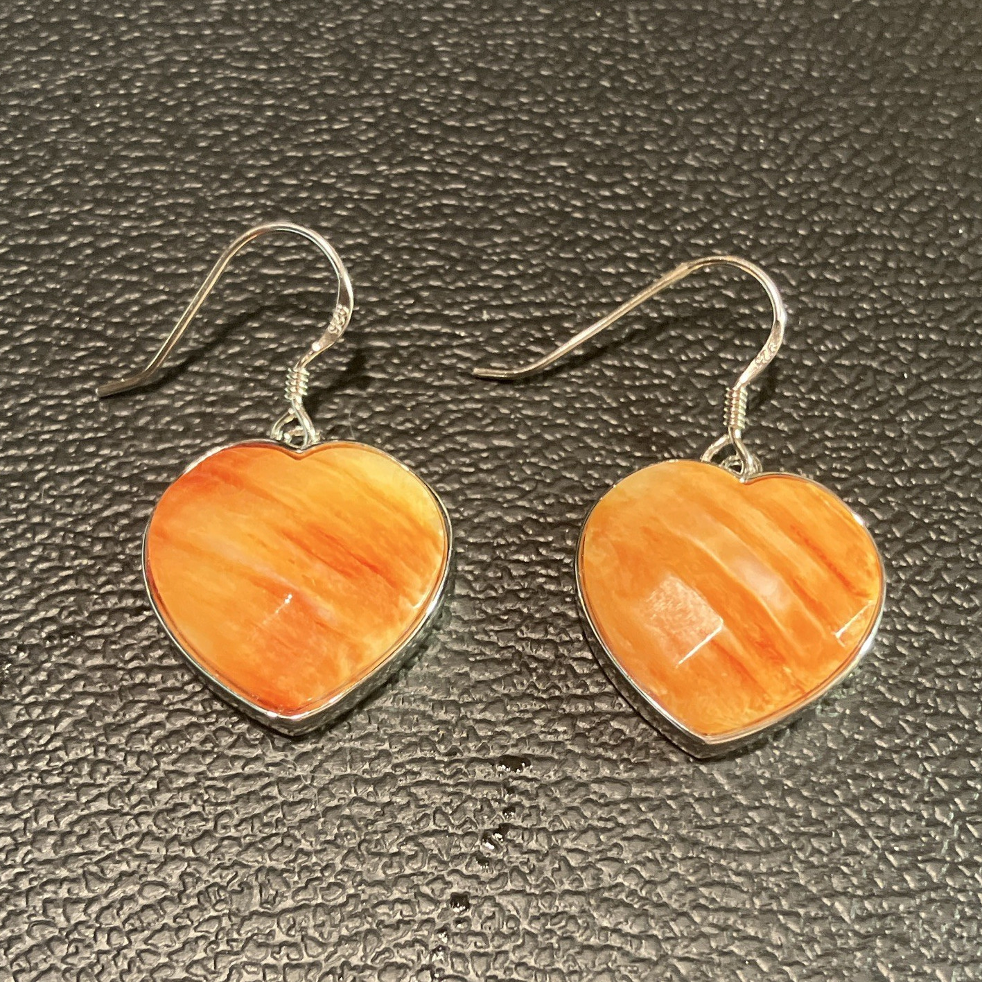 Orange Spiny Oyster Shell Heart Shaped Faceted Cabochons 1.25 in Sterling 925