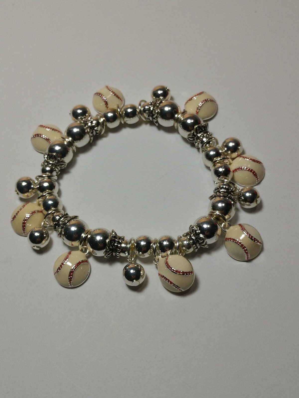 Baseball Charm Bracelet Silver Beads Heavy Duty Stretch Cord New with tags